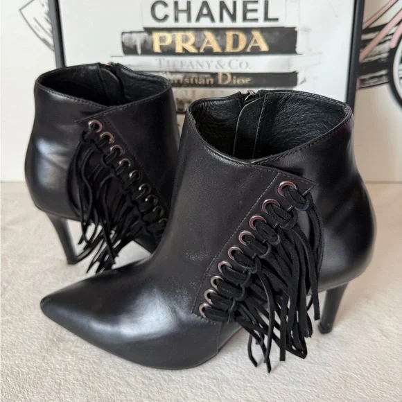 New Black Leather Fringe Pointed Toe Stiletto Heel Boots with Zipper - Picture 5 of 13